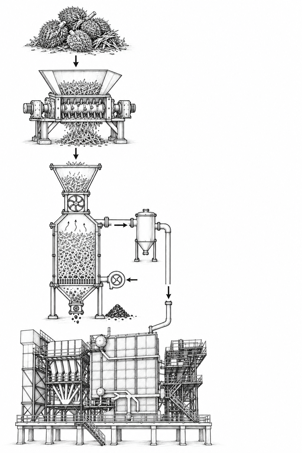 Concept illustration showing empty fruit bunches, a shredder, gasifier, gas cleaning and a boiler